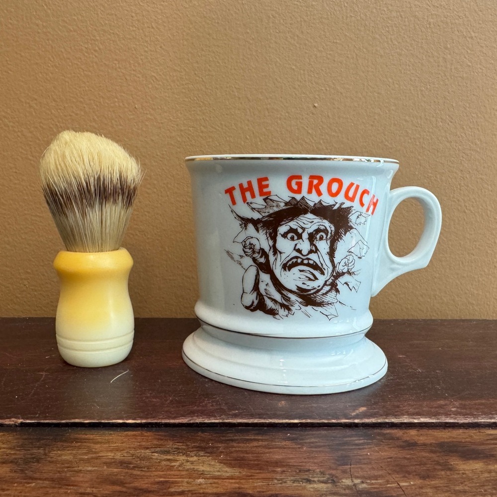 Vintage Ode to a Grouch gold accent poem men's vanity shaving cup mug & brush‎